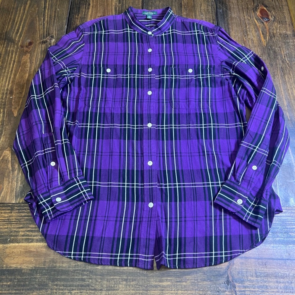 Lauren Jeans Co Ralph‎ Lauren Purple Plaid Band Collar Button Down Shirt Large